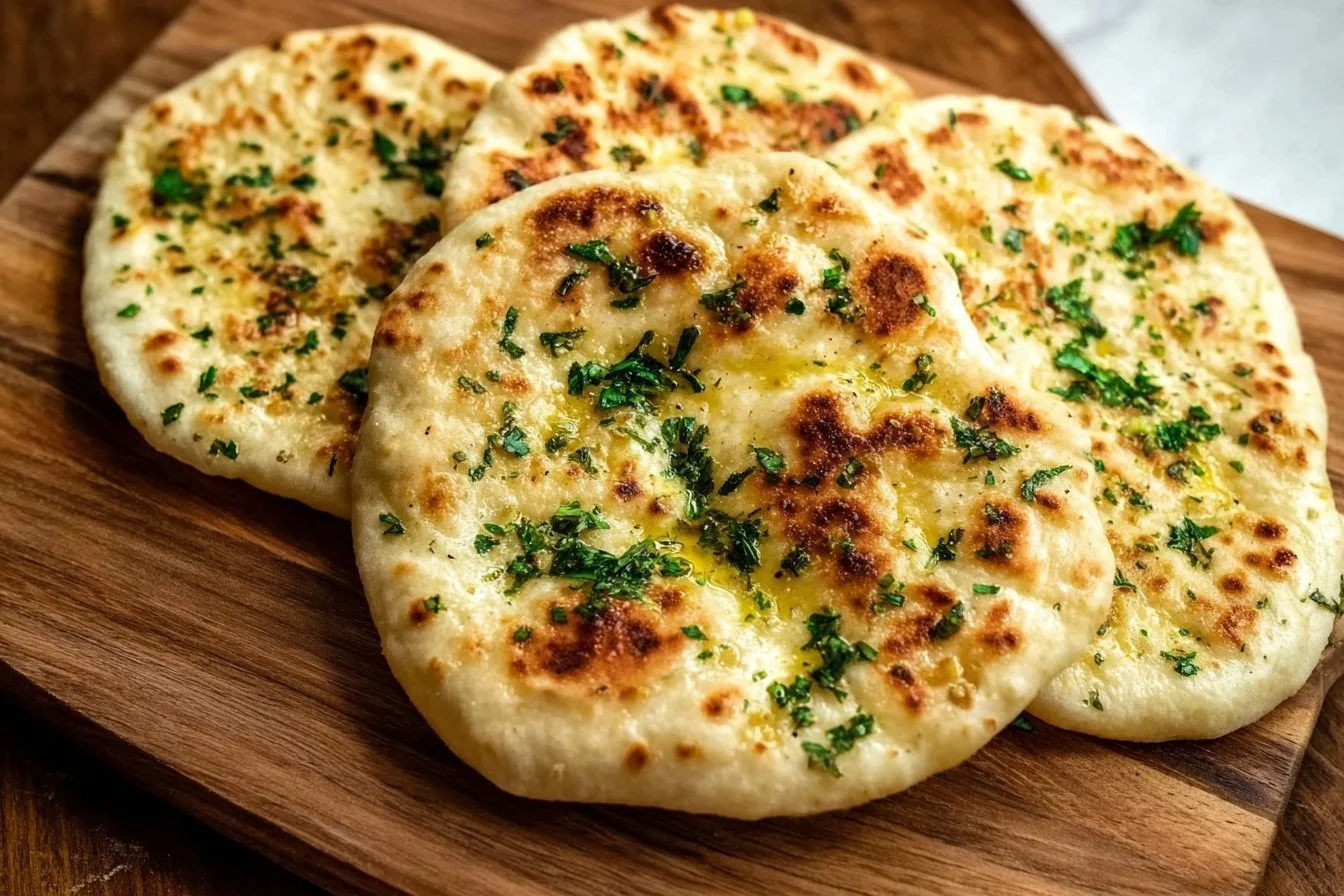 Freshly made cottage cheese flatbread served on a wooden board