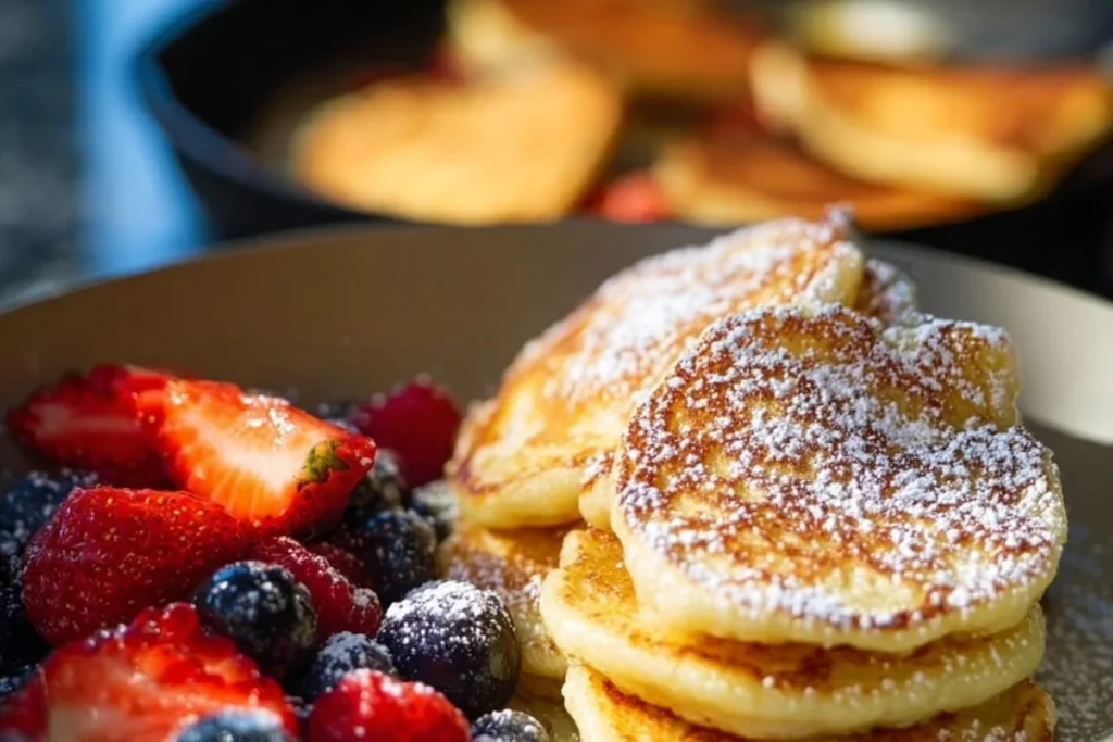 Delicious cottage cheese pancakes served with fresh berries and syrup.