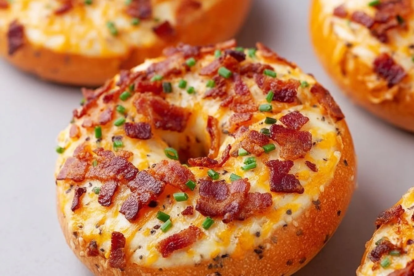 Creamy bacon cheddar bagels topped with melted cheese and crispy bacon