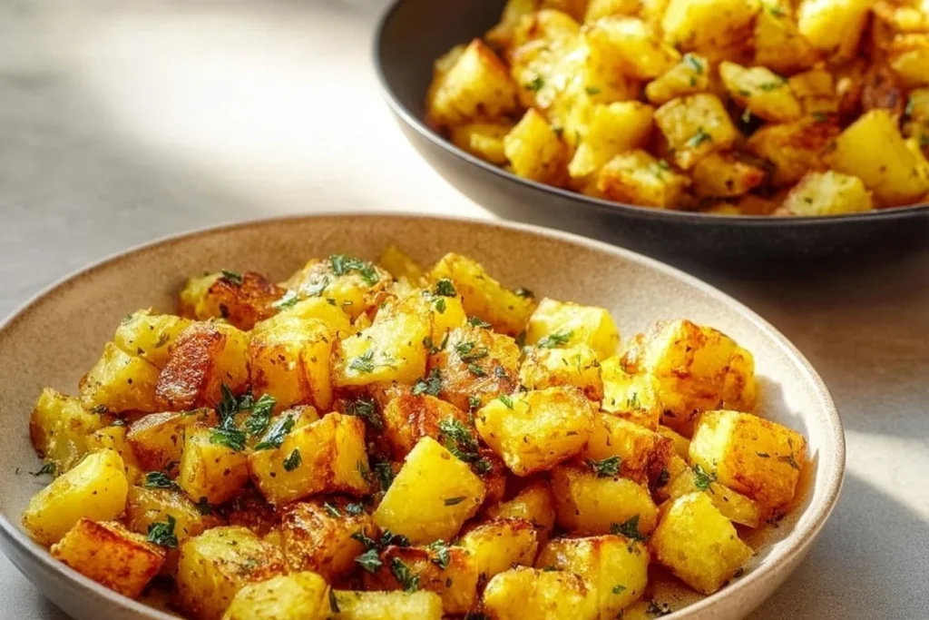 Golden brown crispy skillet breakfast potatoes in a frying pan