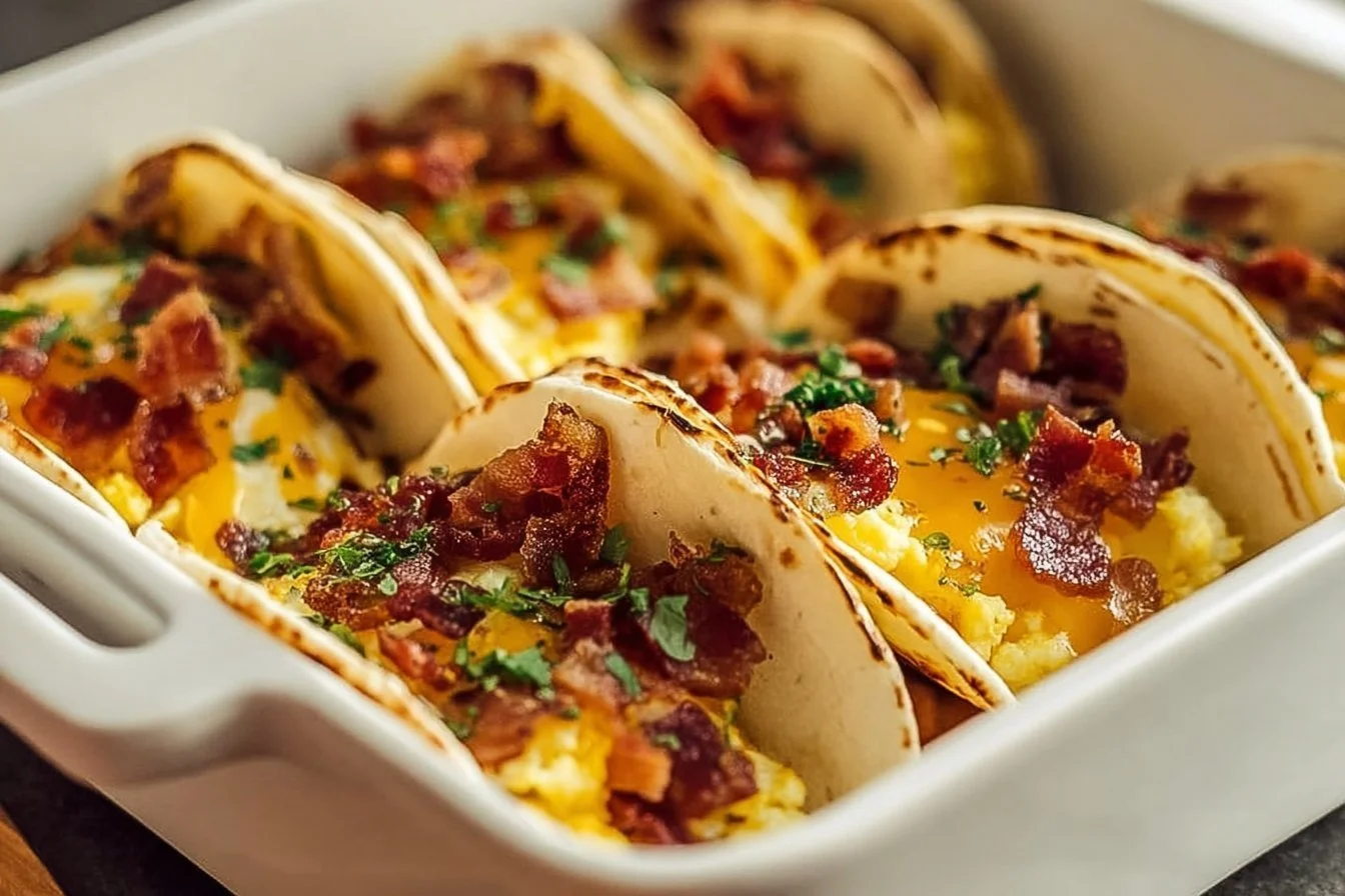 Easy Baked Breakfast Tacos 4 Easy baked breakfast tacos with eggs, cheese, and toppings on a plate.