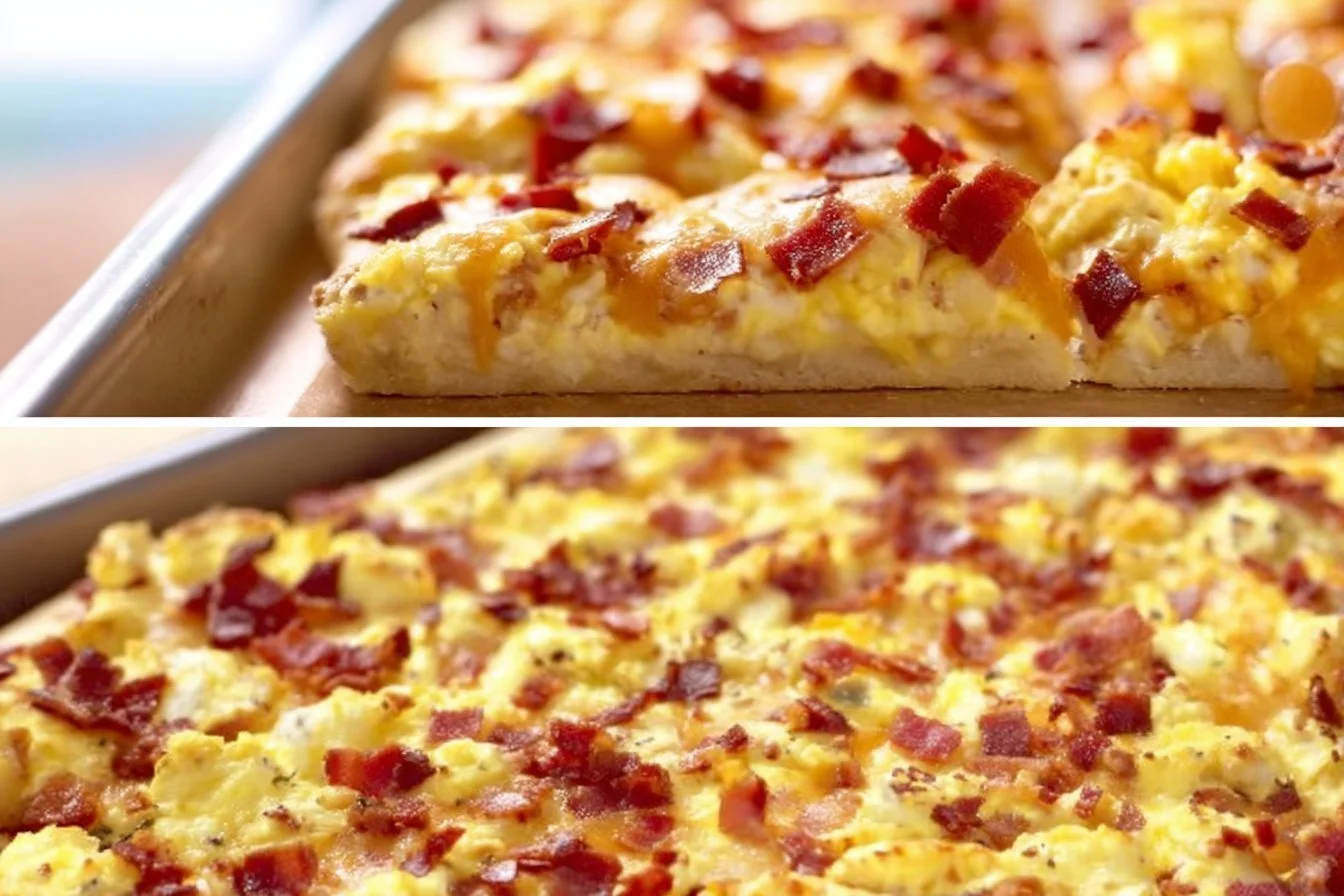 Easy Breakfast Pizza 4 Homemade easy breakfast pizza topped with eggs, cheese, and vegetables.