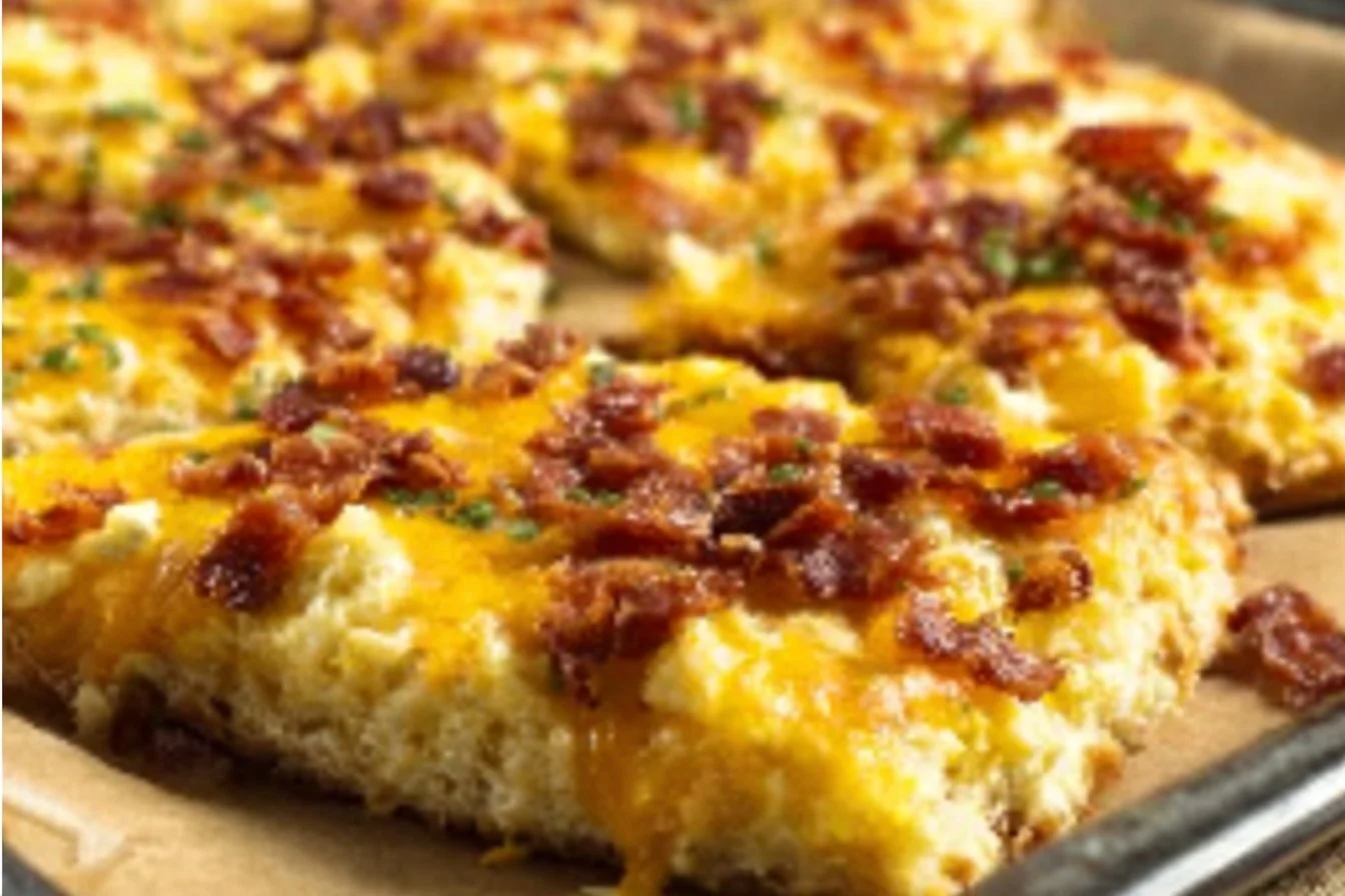 Delicious Easy Breakfast Pizza topped with eggs, cheese, and fresh veggies