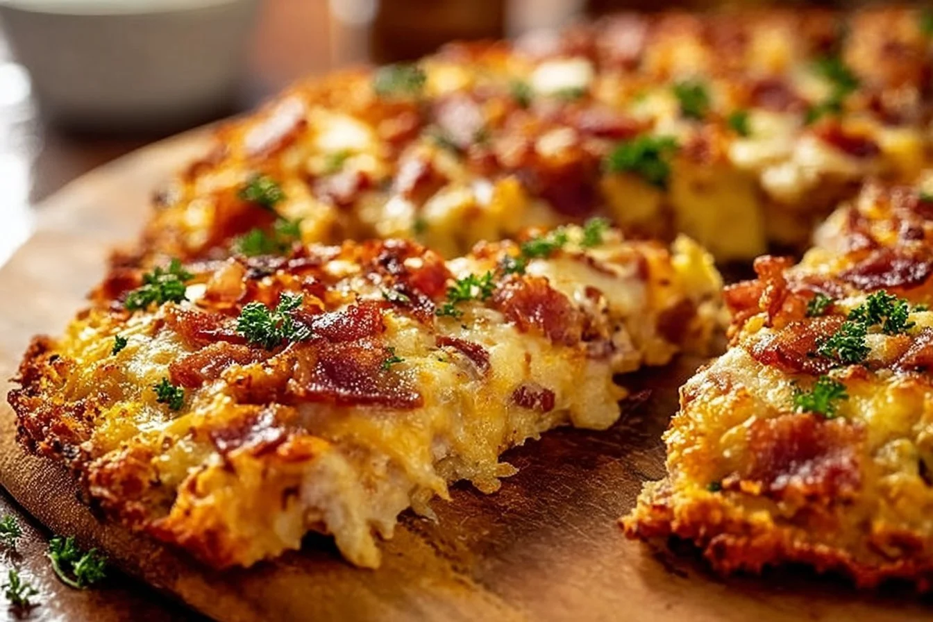 Easy Breakfast Pizza with Hash Brown Crust 4 Easy breakfast pizza with a crispy hash brown crust topped with eggs and cheese