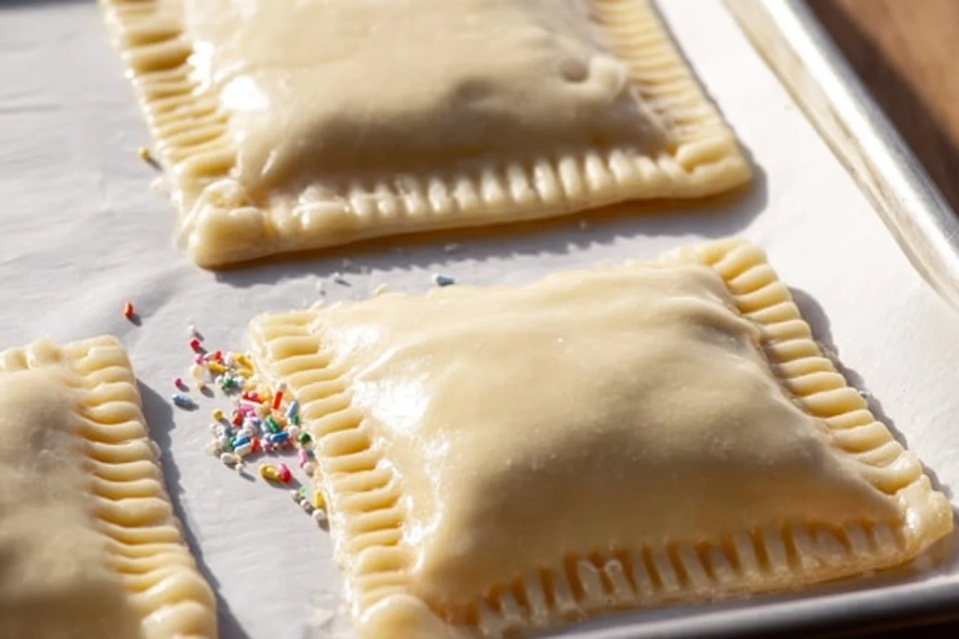 Homemade pop tarts on a plate, filled with fruit preserves and topped with icing.