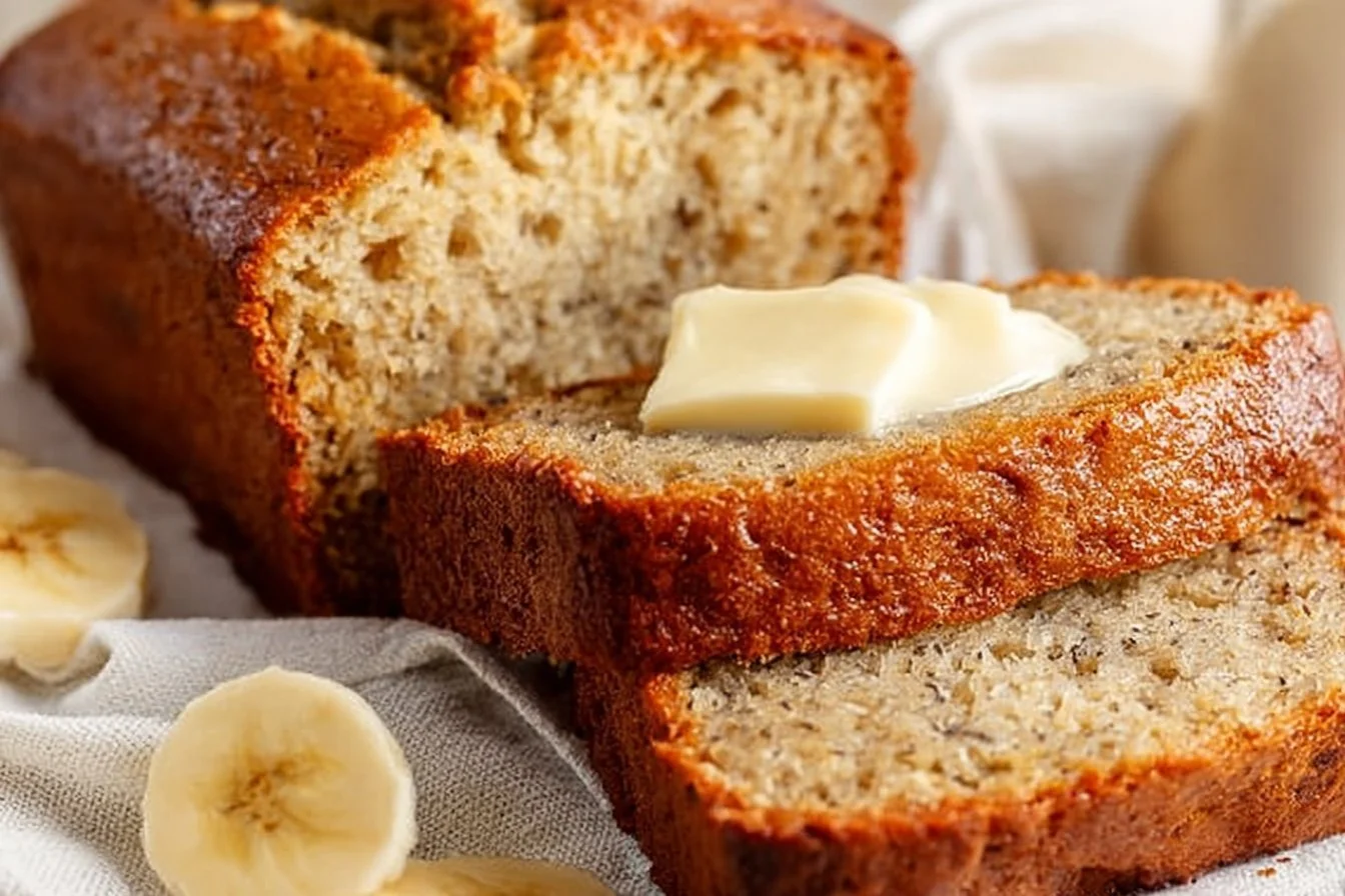 Loaf of easy moist banana bread fresh out of the oven