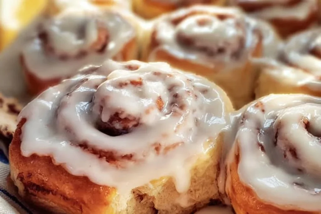 Freshly baked easy one hour cinnamon rolls topped with icing.