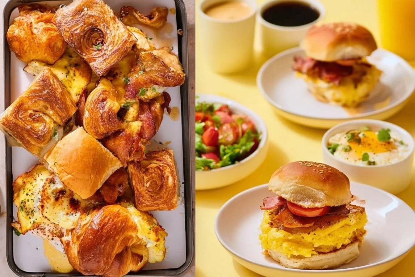 Delicious easy Sunday breakfast spread with various dishes and drinks