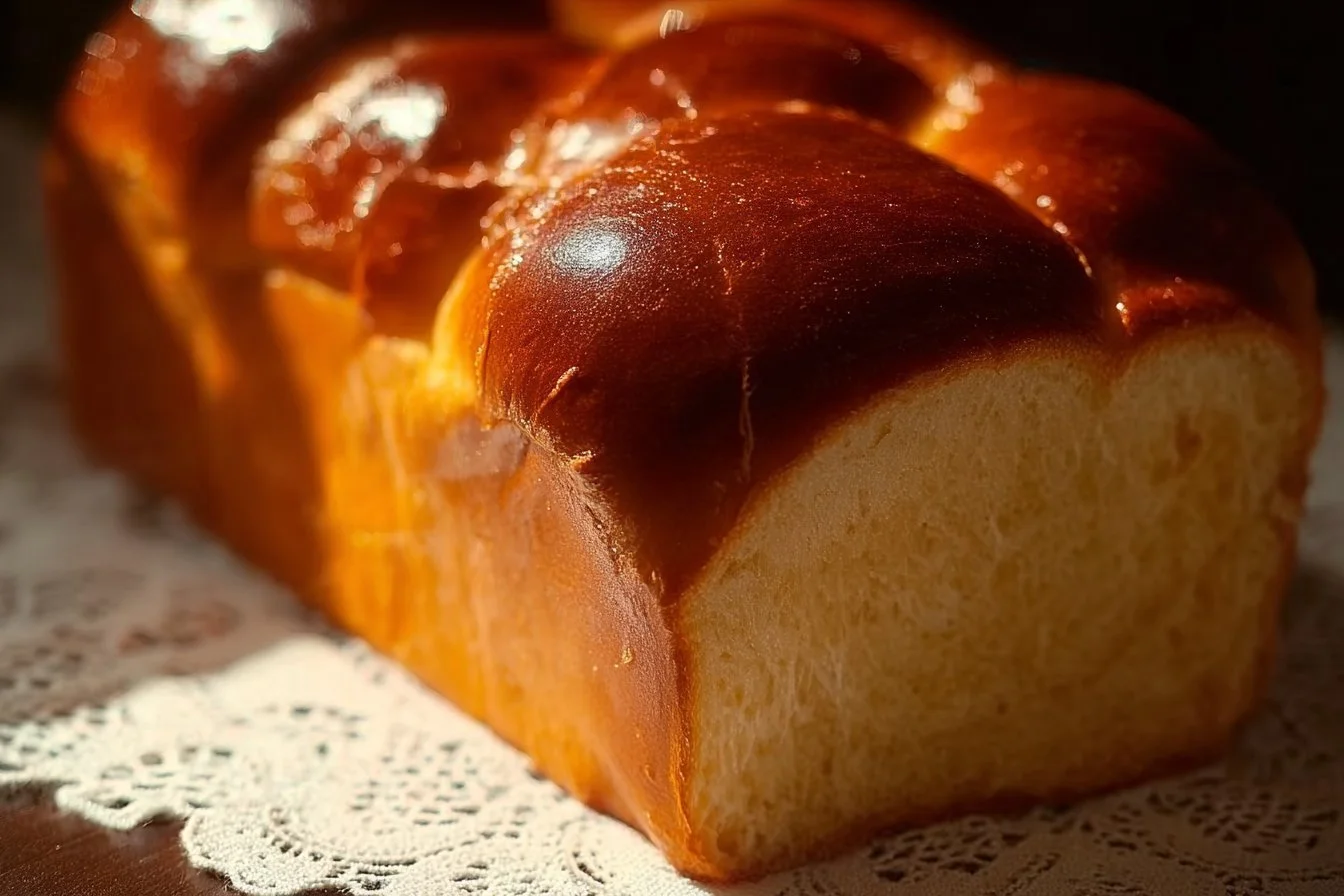 Loaf of easy sweet condensed milk bread on a wooden table.