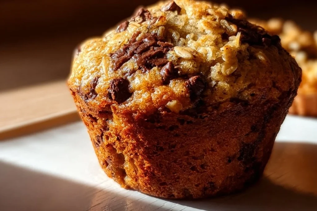 Delicious oatmeal chocolate chip muffins on a wooden table