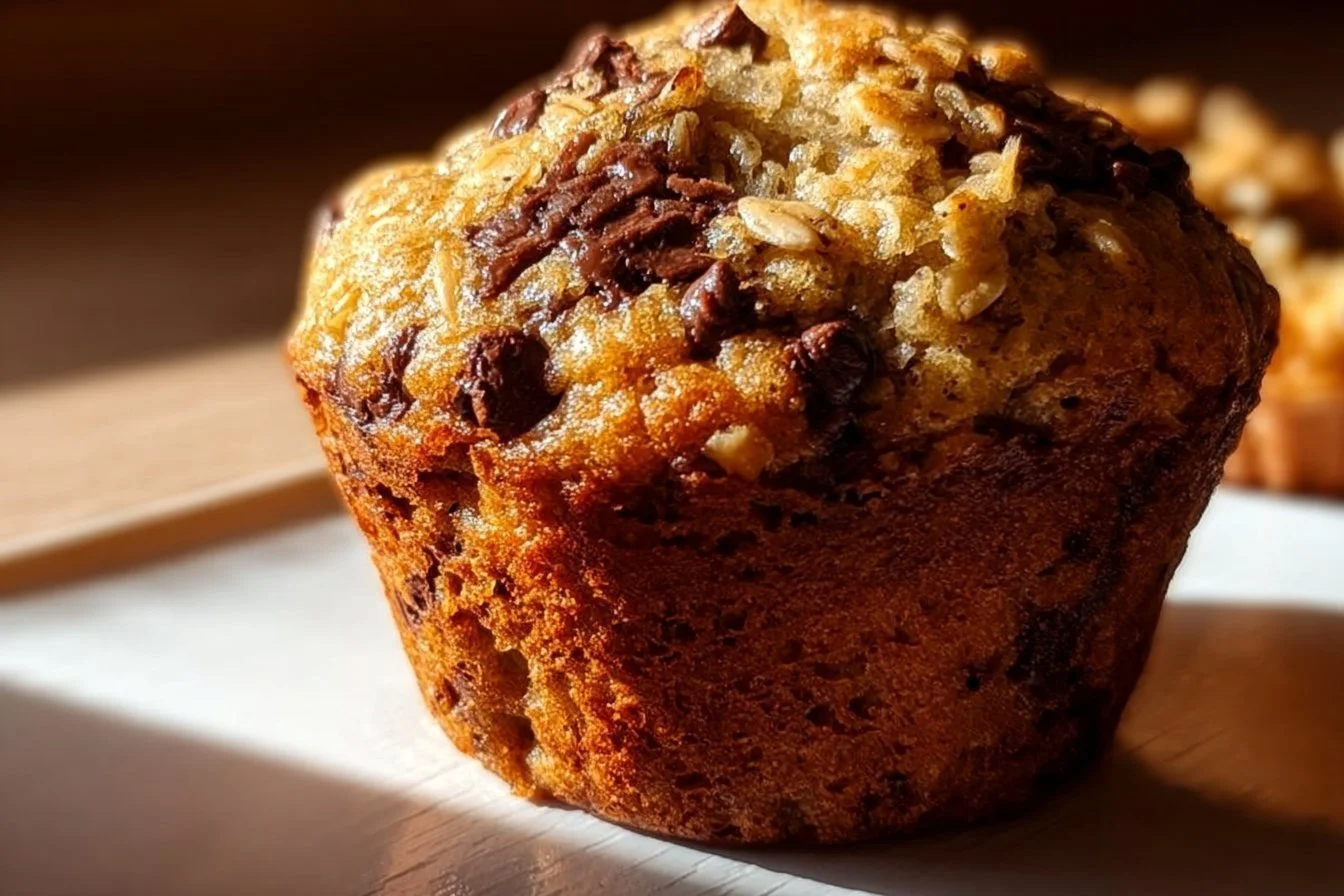 Fearless 3-Day Oatmeal Chocolate Chip Breakfast Muffins 4 Delicious oatmeal chocolate chip muffins on a wooden table