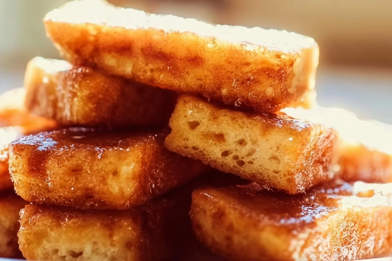 Plate of crispy French toast sticks served with syrup