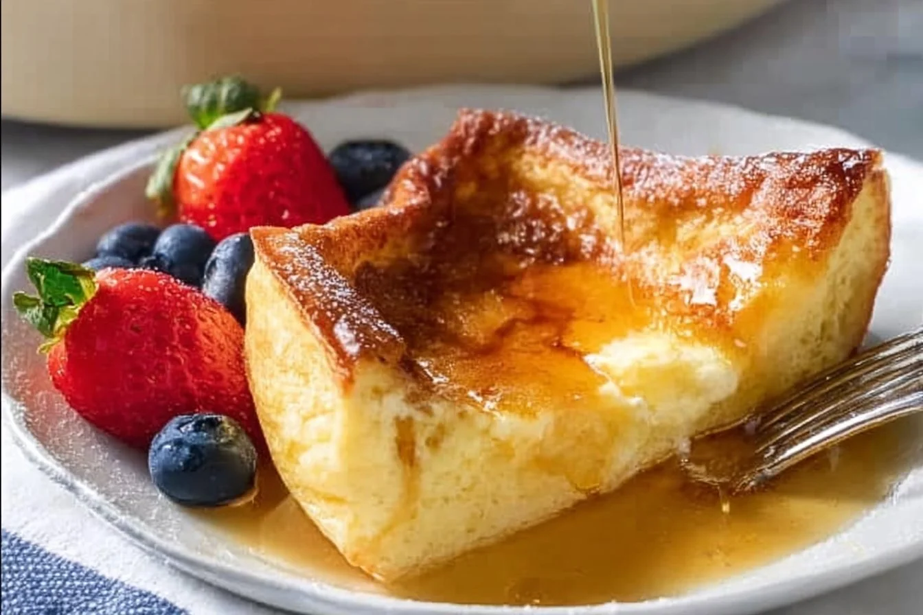 Fluffy German pancakes served with syrup and fruit on a plate