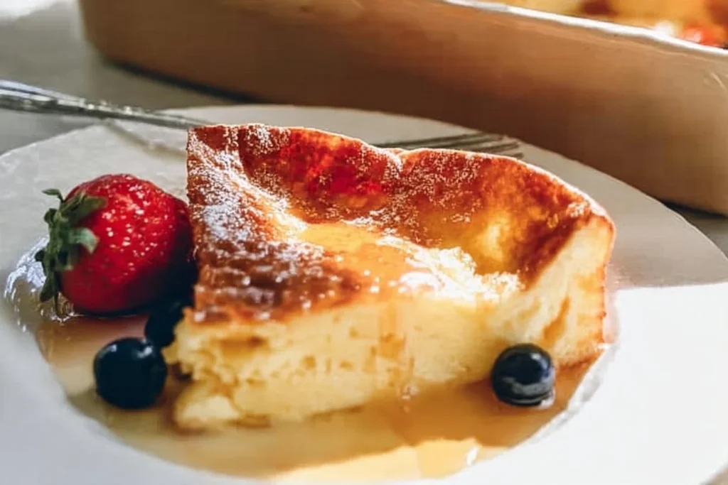 Fluffy German Pancakes served with syrup and powdered sugar
