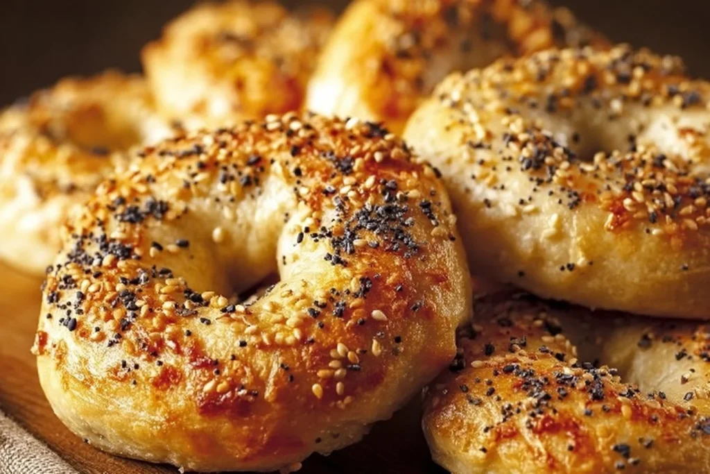 Freshly baked Greek Yogurt Bagels on a wooden cutting board