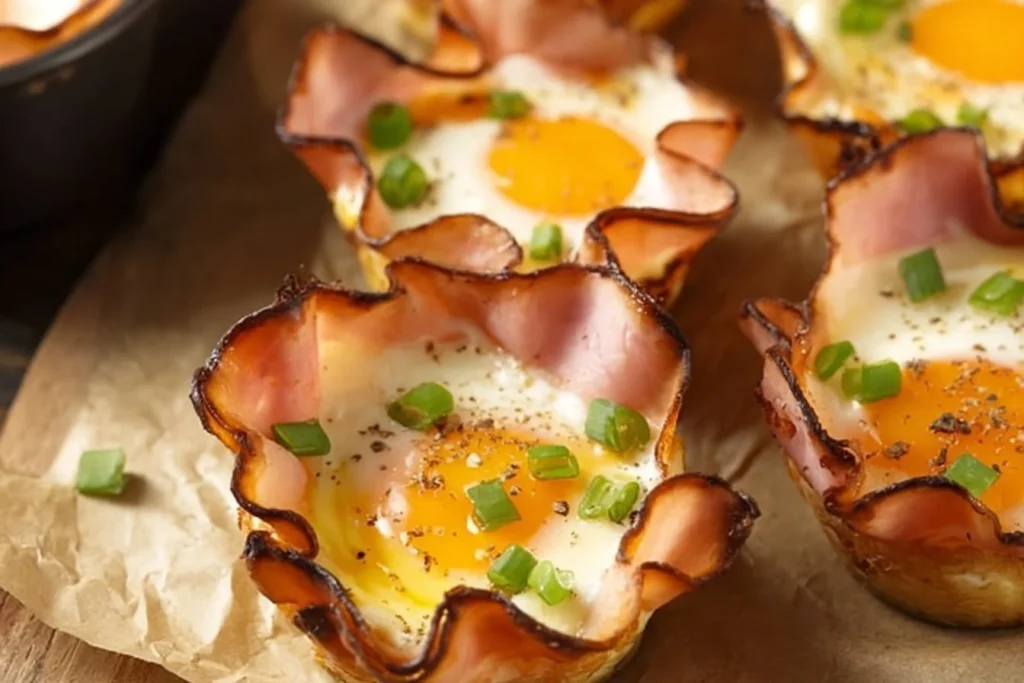 Ham and cheese egg cups baked in muffin tins for a tasty breakfast option