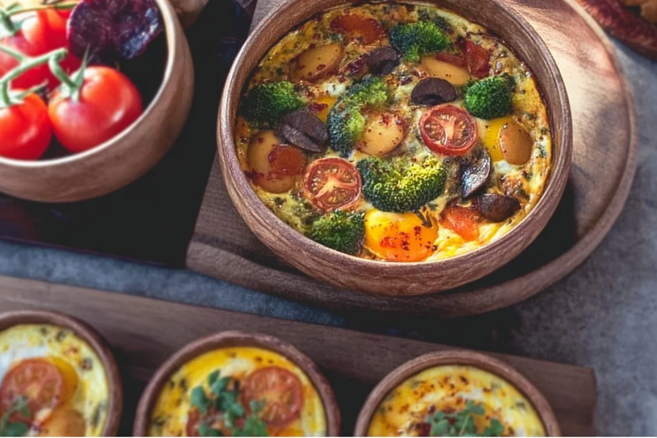Homemade Ham Quiche garnished with herbs on a wooden table