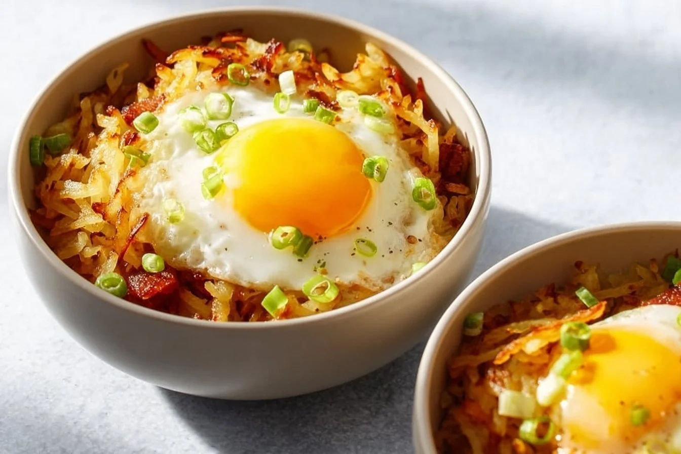 Delicious hash brown breakfast bowls filled with eggs, veggies, and toppings