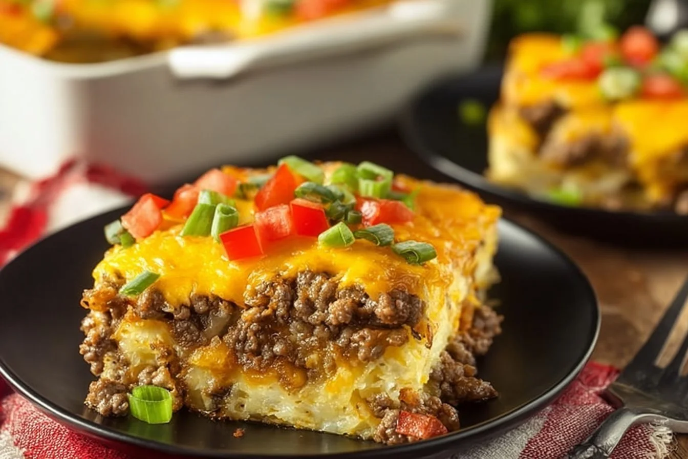 Delicious hashbrown breakfast casserole topped with cheese and herbs