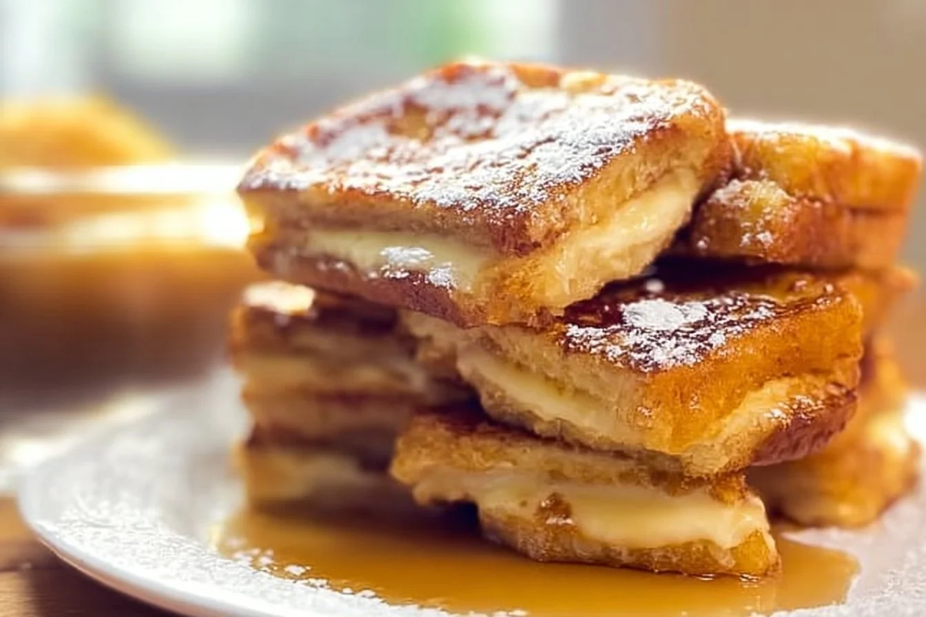 Hawaiian Roll French Toast Casserole topped with syrup and berries