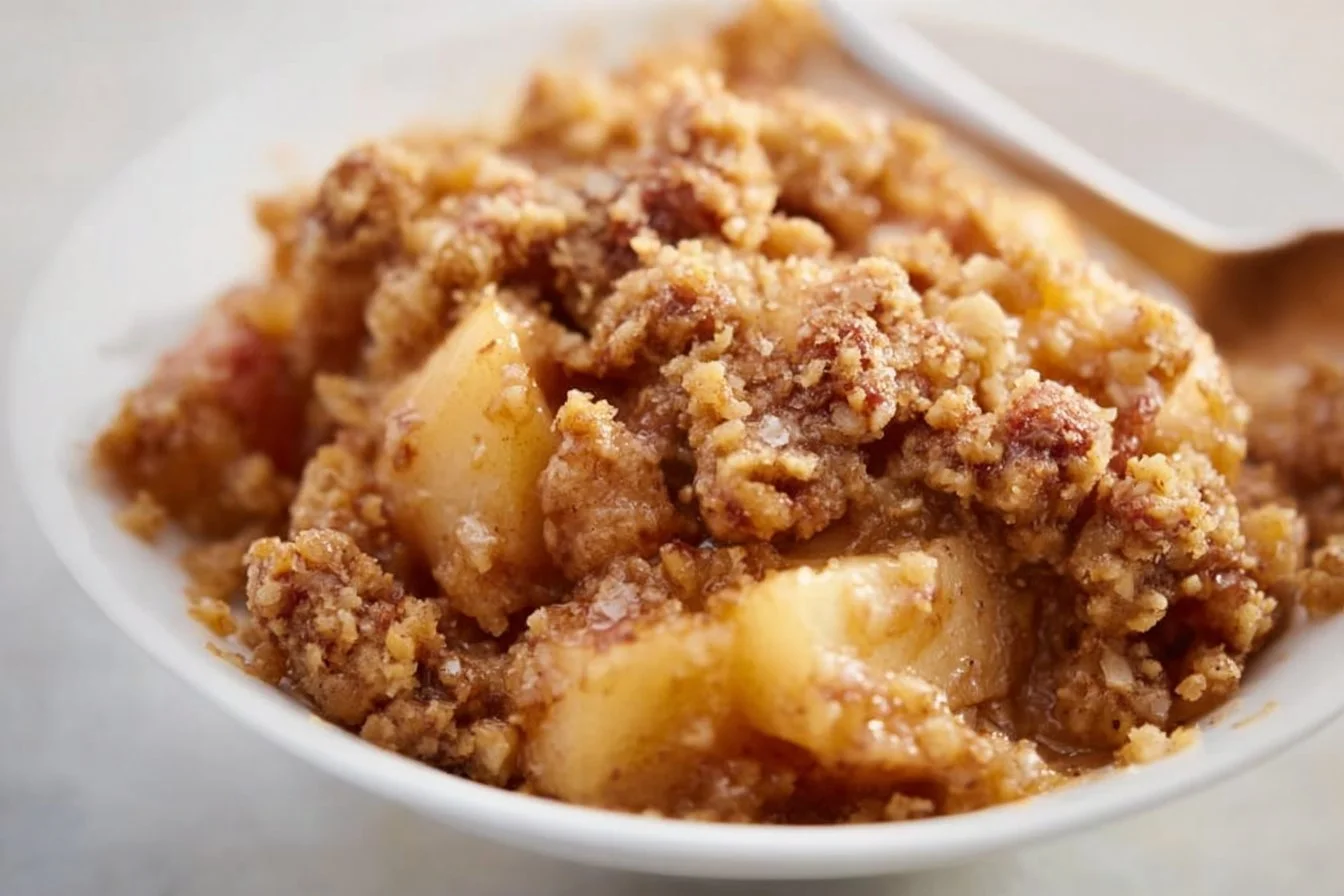 Healthy breakfast apple crumble topped with oats and fresh apples