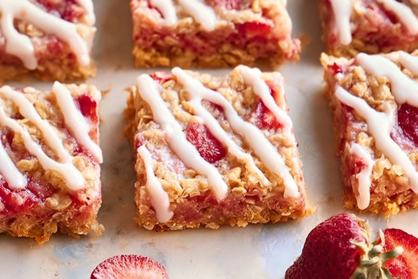 Healthy Strawberry Oatmeal Breakfast Bars 4 Healthy strawberry oatmeal breakfast bars on a wooden plate