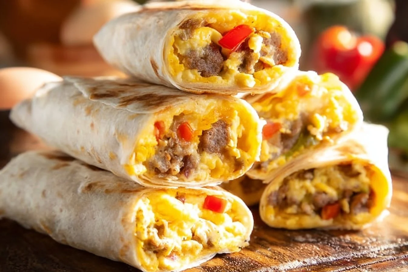 Homemade freezable breakfast burritos ready for quick meals