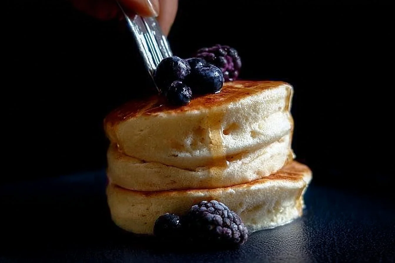 Fluffy Japanese souffle pancakes topped with syrup and fresh fruit