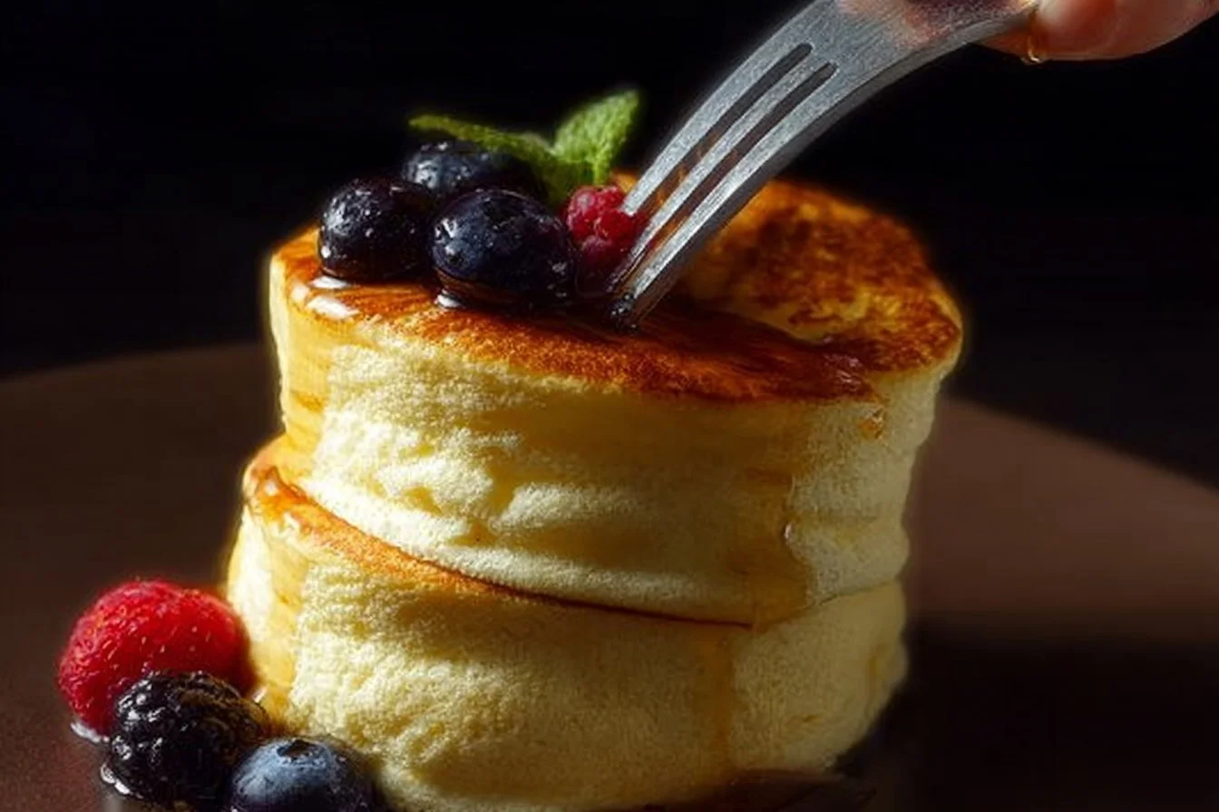 Fluffy Japanese souffle pancakes served with syrup and berries