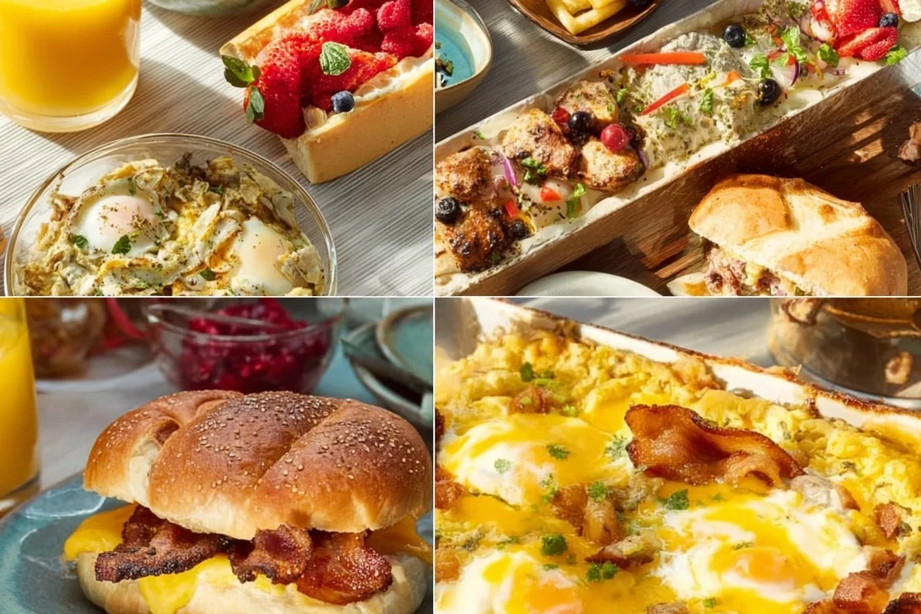 A variety of make-ahead breakfast ideas displayed on a table.