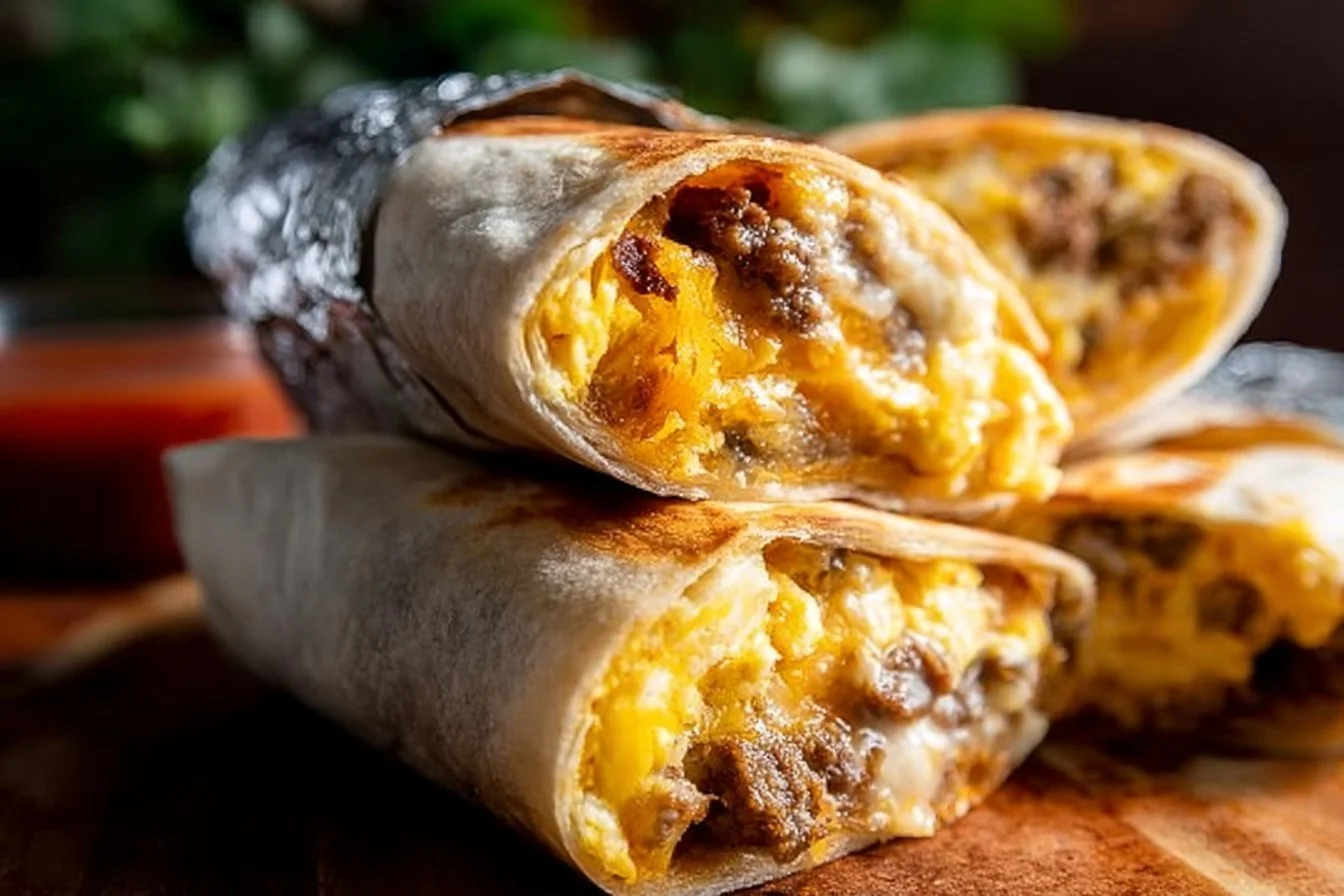 Make-ahead freezer breakfast burritos filled with eggs and vegetables