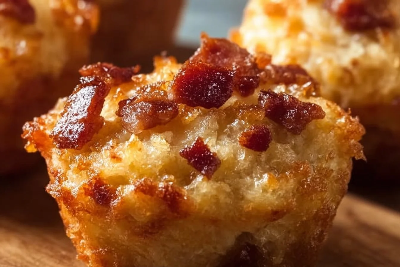 Delicious Maple Bacon Pancake Muffins with syrup drizzle on top