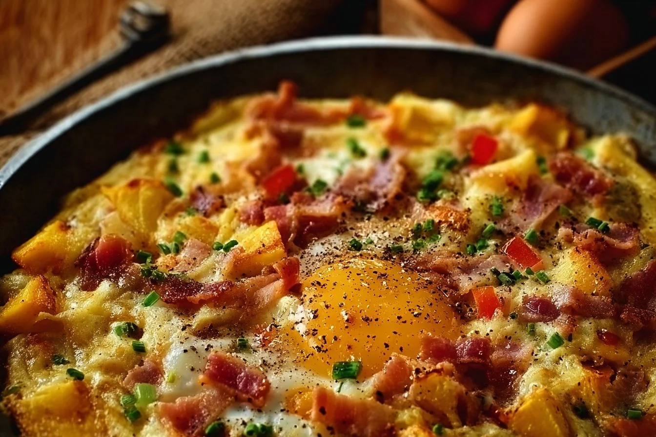 Hearty Mountain Man Crock Pot Breakfast with eggs, potatoes, and sausage