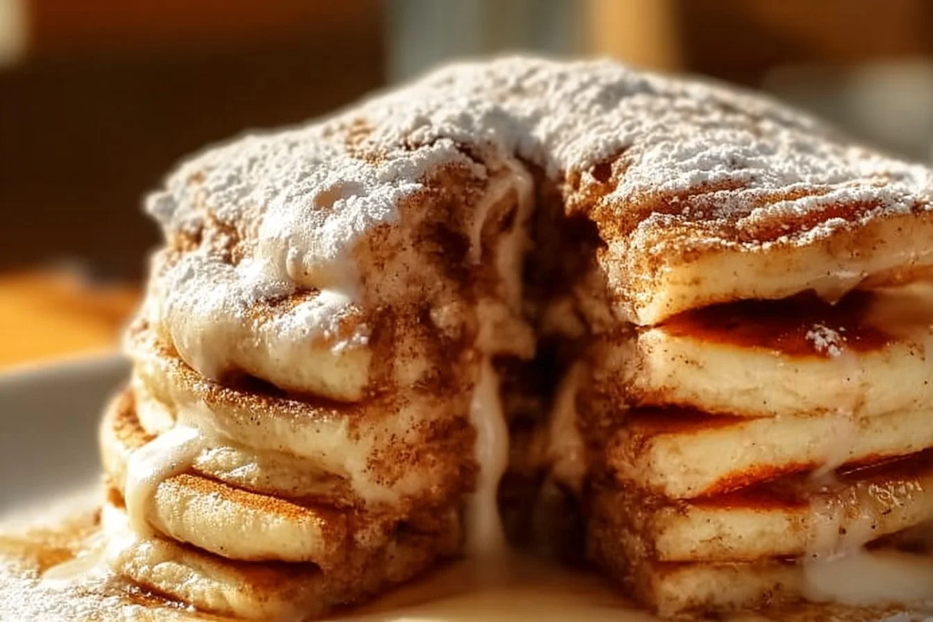 Nancy's cinnamon roll pancakes topped with icing and served on a plate