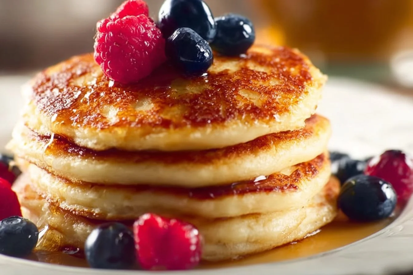 Stack of fluffy old-fashioned pancakes served with syrup and berries