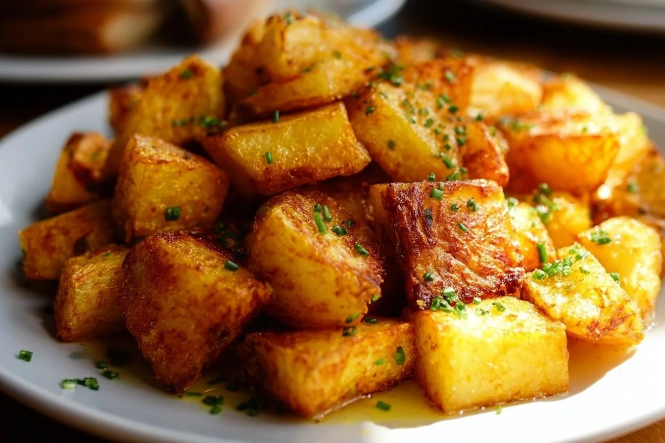 Bowl of crispy oven-roasted breakfast potatoes garnished with herbs.