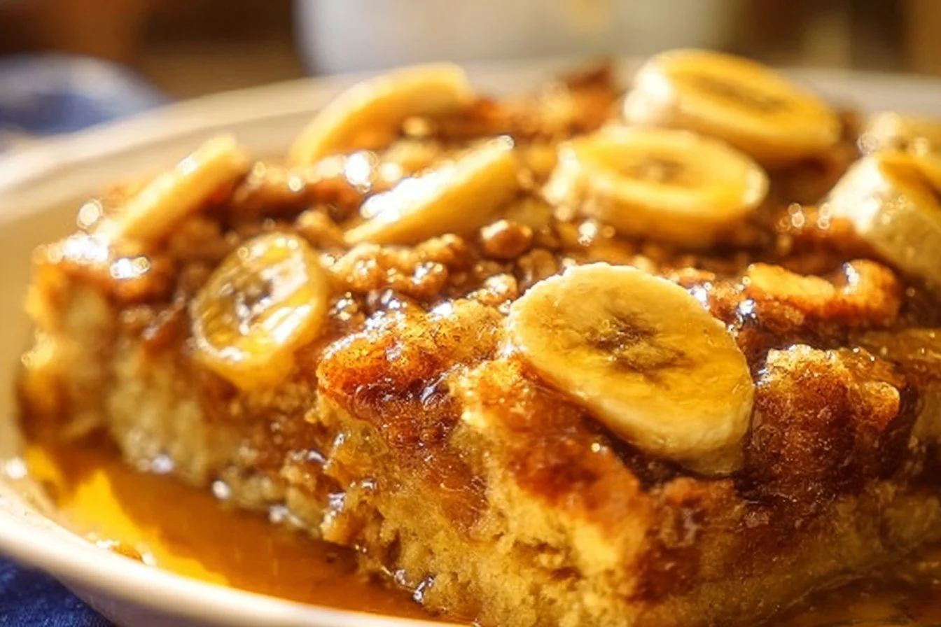 Overnight baked banana French toast casserole served in a dish
