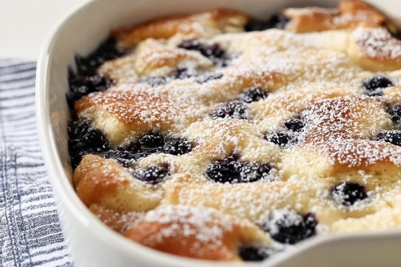 Delectable pancake casserole served in a dish, topped with syrup and berries.