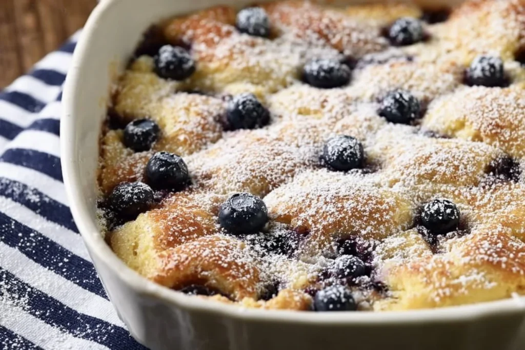 Delicious Pancake Casserole served fresh from the oven with syrup and berries