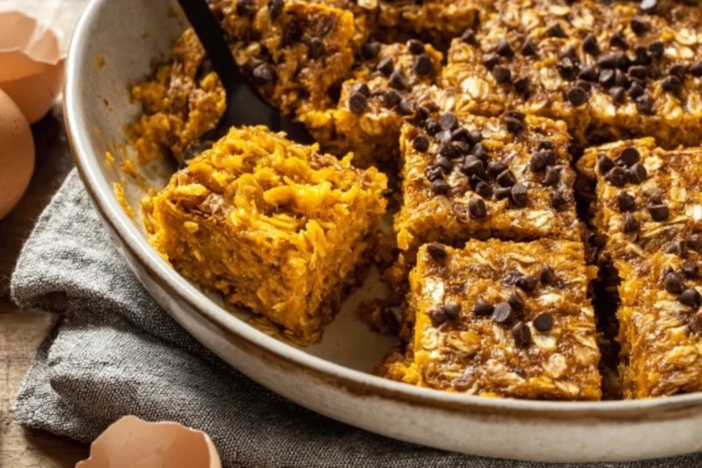 A delicious serving of pumpkin baked oatmeal topped with nuts and spices.