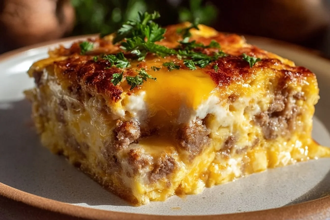 Delicious sausage and egg casserole baking in a dish, perfect for breakfast.