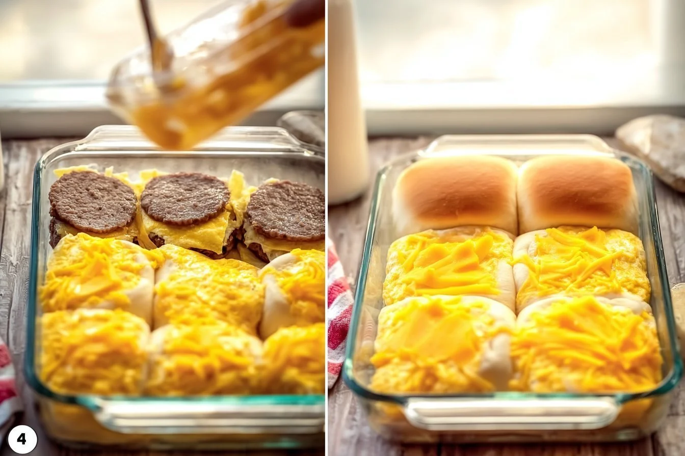 Sausage, egg, and cheese breakfast sliders stacked on a plate
