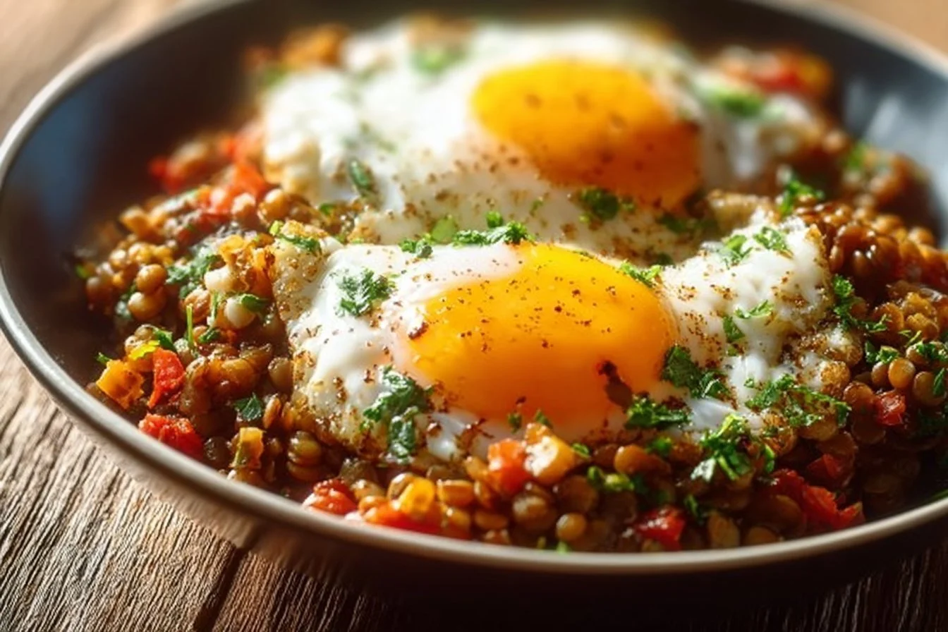 Savory Lentil Breakfast Bowl topped with fresh herbs and spices