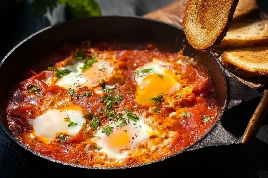 A vibrant plate of Shakshuka with poached eggs, tomatoes, and spices.