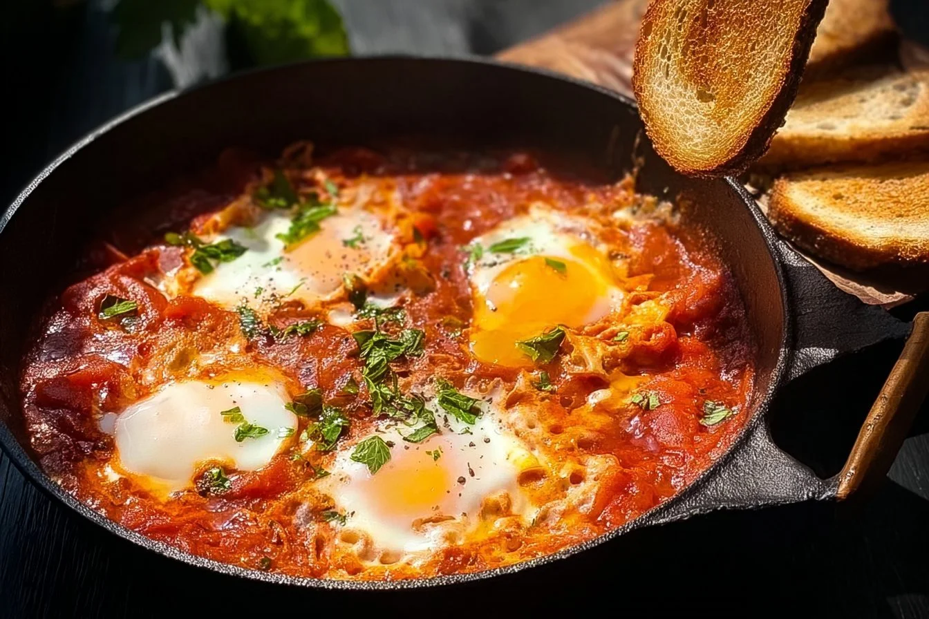 A vibrant plate of Shakshuka with poached eggs, tomatoes, and spices.