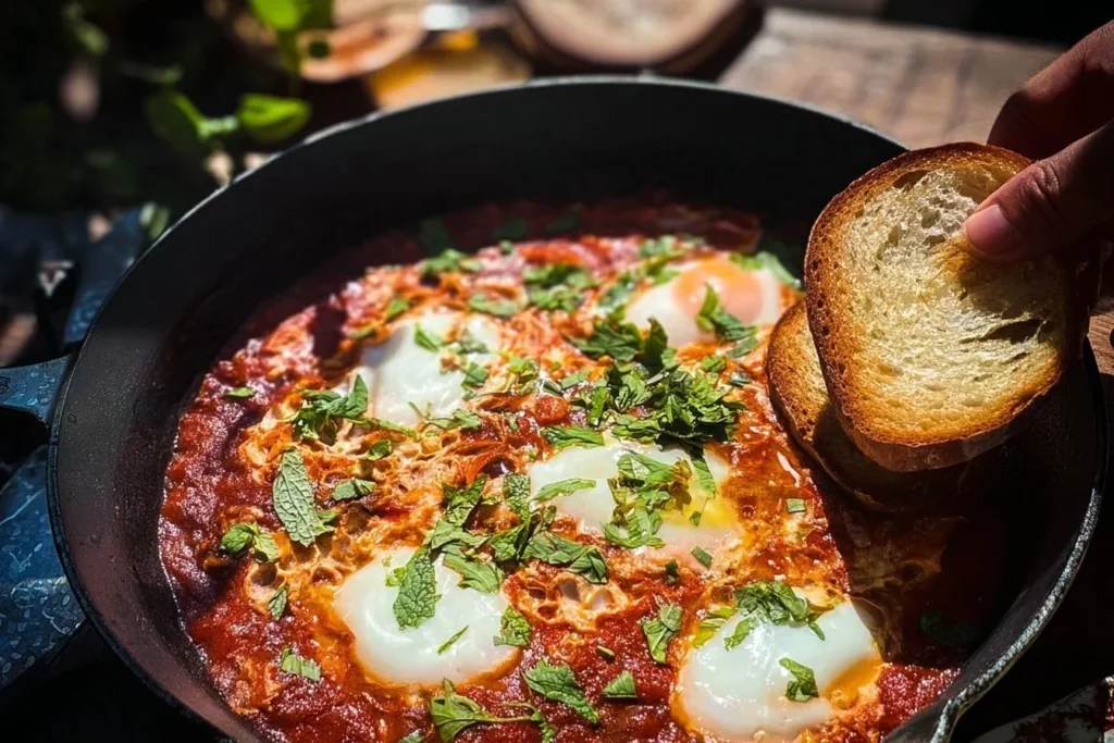 Delicious Shakshuka with eggs and tomato sauce in a skillet