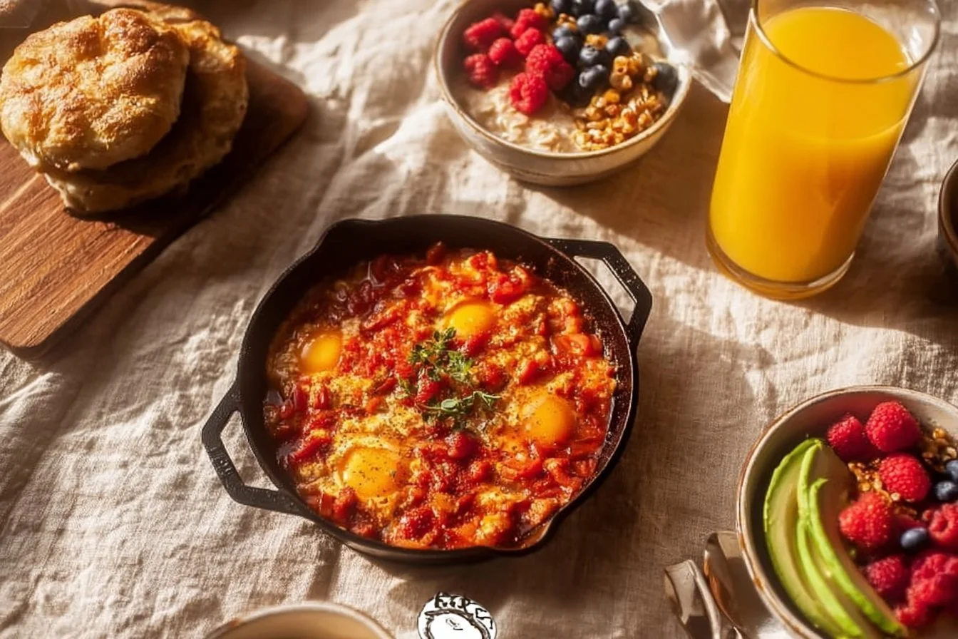 Delicious shakshuka served with avocado toast on a rustic wooden table.