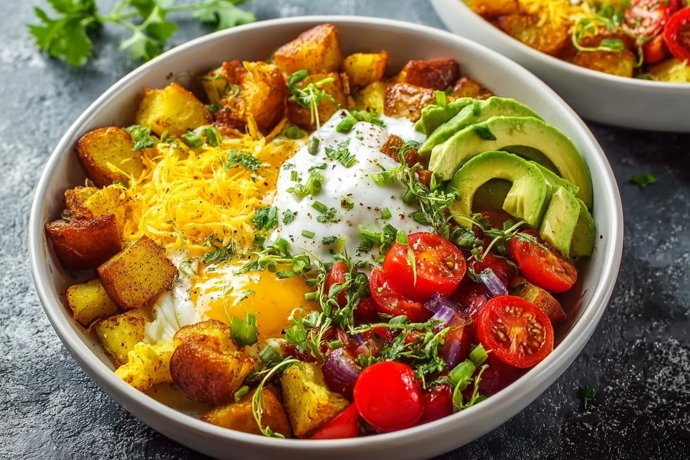 Delicious Southwest Spice Green Chile Bowl topped with fresh ingredients