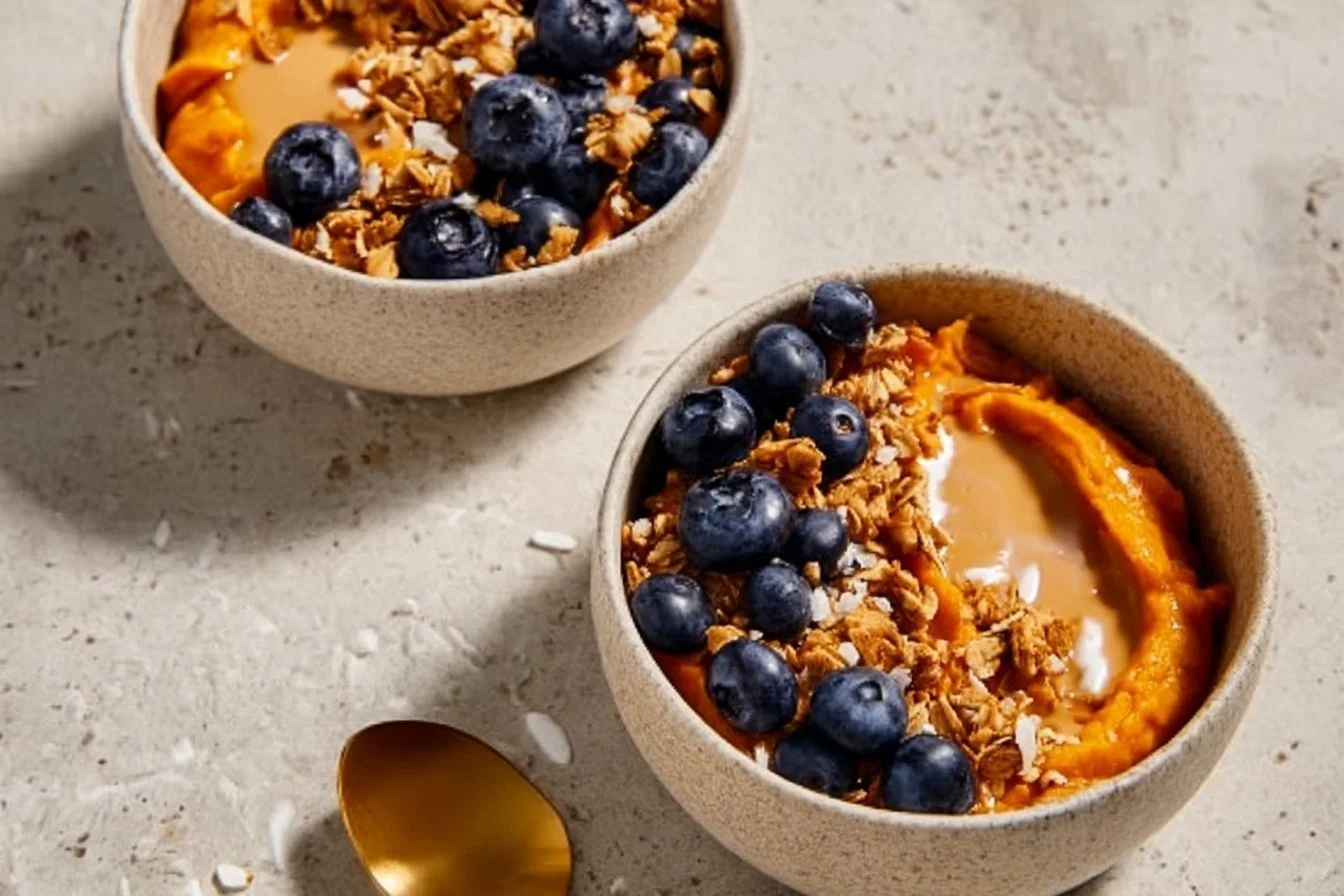Colorful sweet potato breakfast bowls topped with fruits and nuts