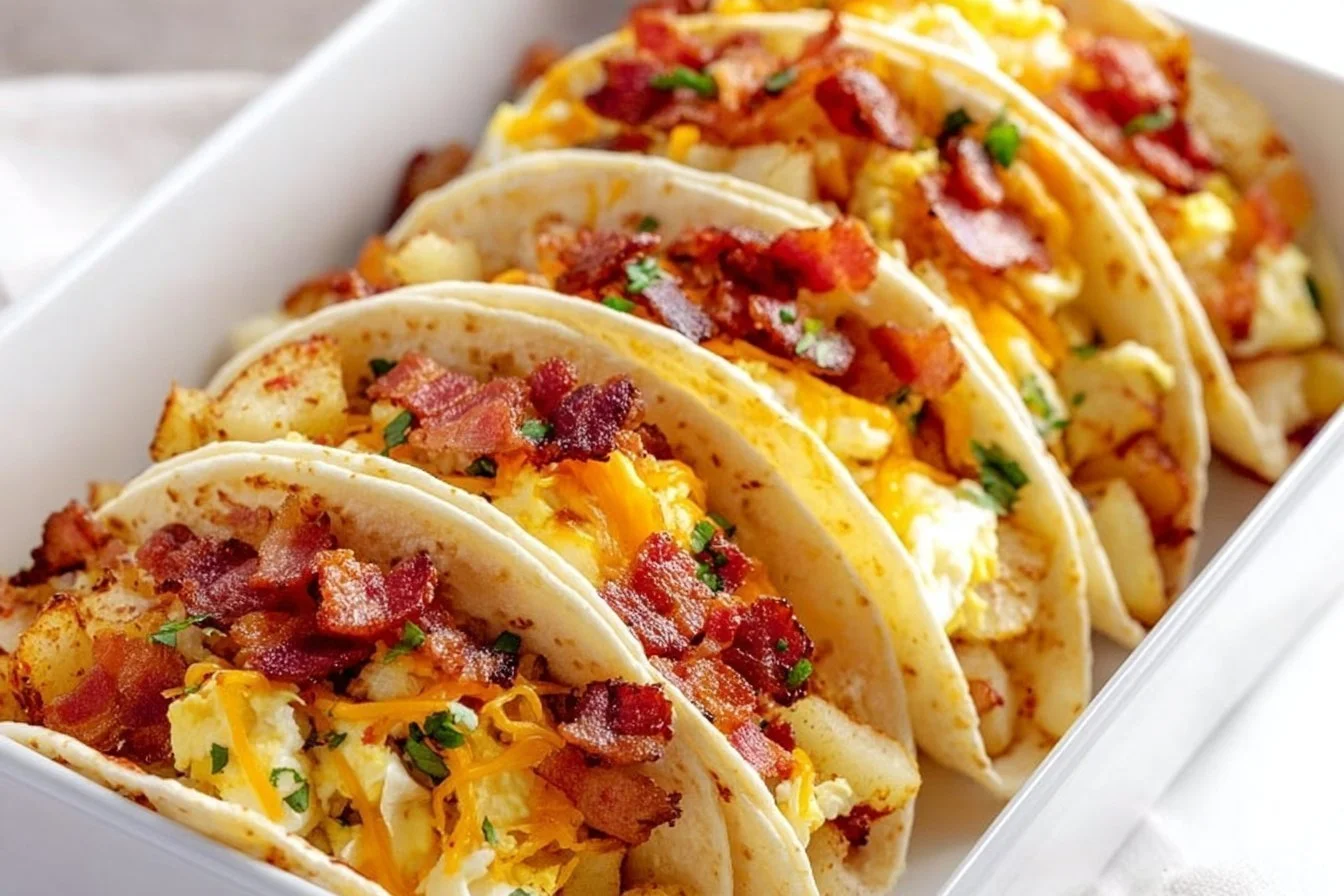 Delicious baked breakfast tacos filled with eggs and cheese